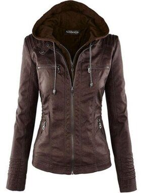 Women’s Dark Brown Hooded Faux Leather Motorcycle Jacket Zip Up Casual Biker Coa